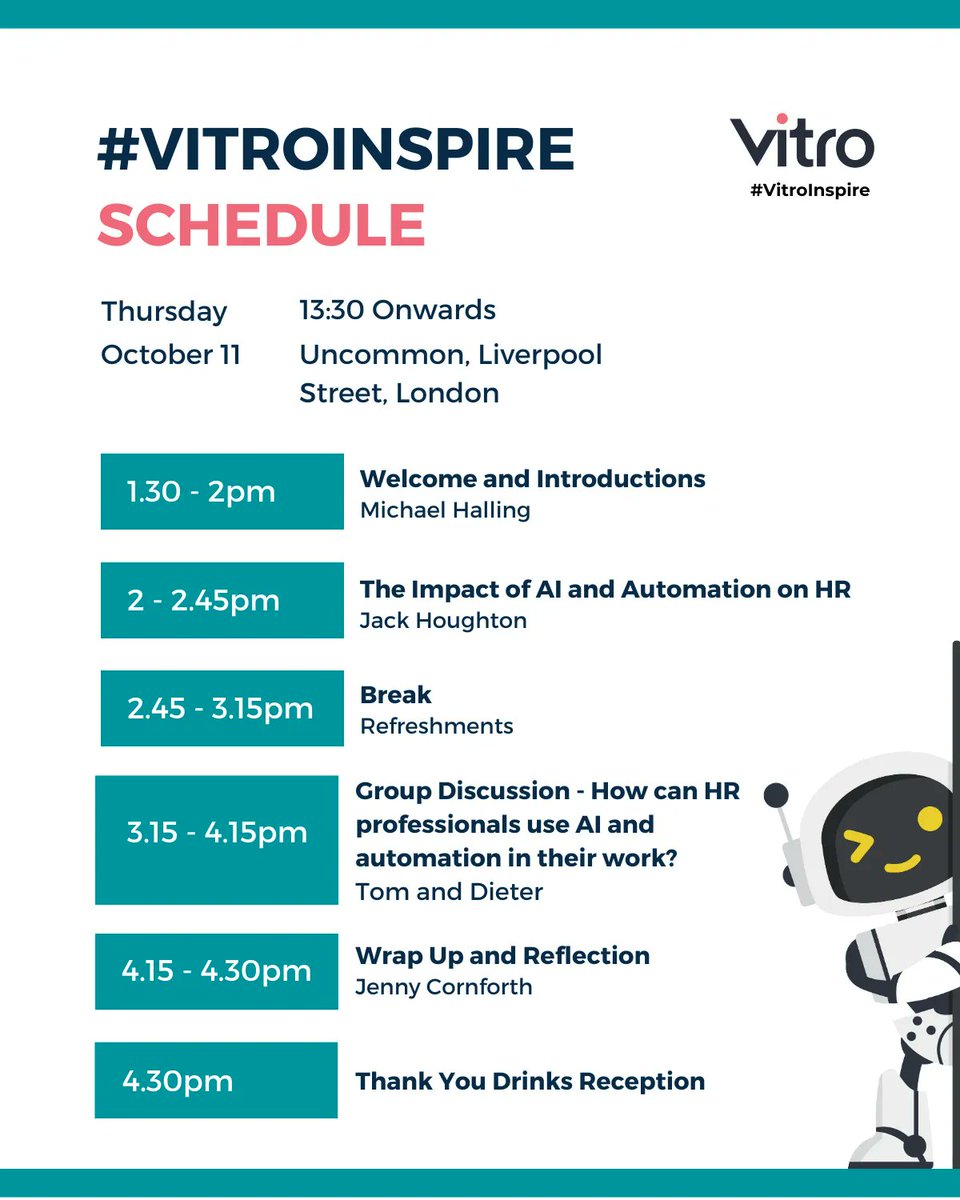 We're excited to announce the release of the schedule for our upcoming VitroInspire event, AI and Automation: The Future of HR!

Here's a sneak peek at the schedule⬇️

Register today and join us for this exciting event: buff.ly/45ZL2zs

#VitroInspire #AIandAutomation #HR