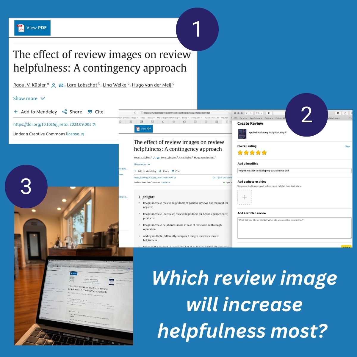 ✍️📸 Wan`t to write an online #review with an #image? Then read our latest #study in the #journalofretailing to learn how to craft your image to increase helpfulness votes. Find our #openaccess results on when to best add what kind of images to a review sciencedirect.com/science/articl…