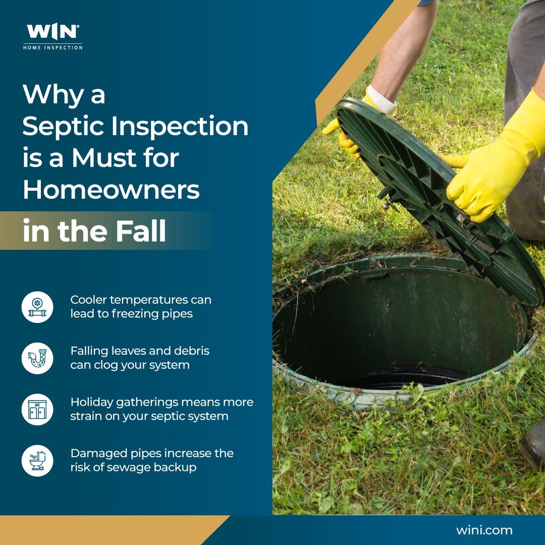 Septic Inspections are crucial any time of year if you're experiencing slow drains, toilet backups, or frequent foul odors. However, fall is the perfect time to add a Septic Inspection to your 'honey-do' list!

#winhomeinspection #homeinspection #septicinspection #septicsystem