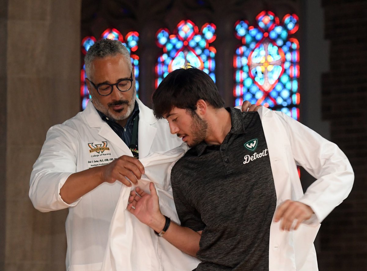 waynestbaseball's tweet photo. Congrats Baseball Student-Athlete Sam Allen &amp; his 150 student nursing peers who put on white coats for the first time.  With clinical rotations starting, this is an official welcome to the nursing profession &amp; declares their commitment to providing humanistic, compassionate care https://t.co/JxysF7shC9