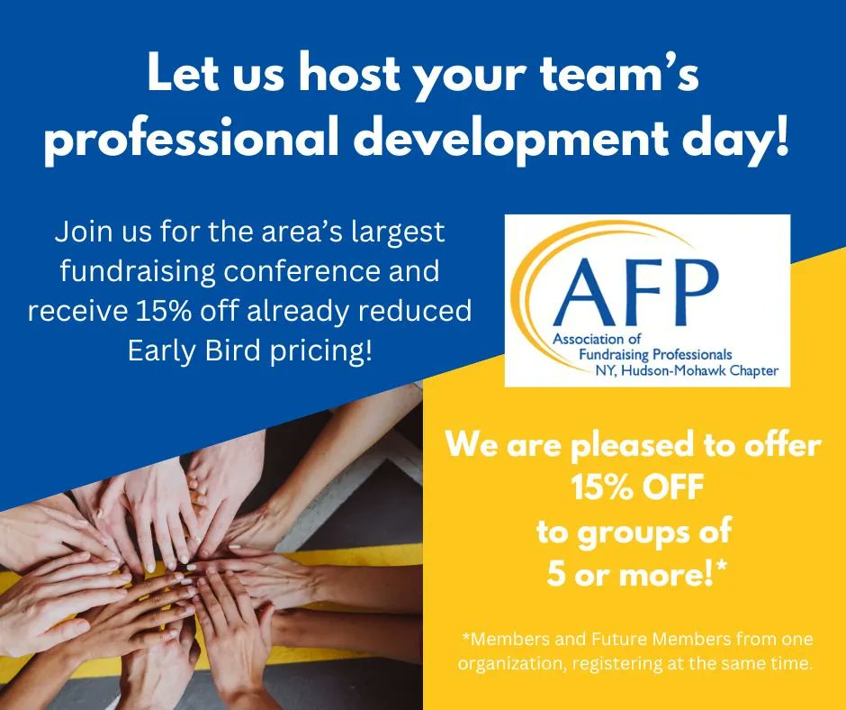 AFPHudsonMohawk's tweet photo. Capital Region Fundraising Day is the perfect team building and professional development opportunity for your department! We are pleased to offer 15% off our already reduced pricing for groups of 5 or more from the same organization. Register here: https://t.co/weYDKrlMlW https://t.co/AmByj6f10e