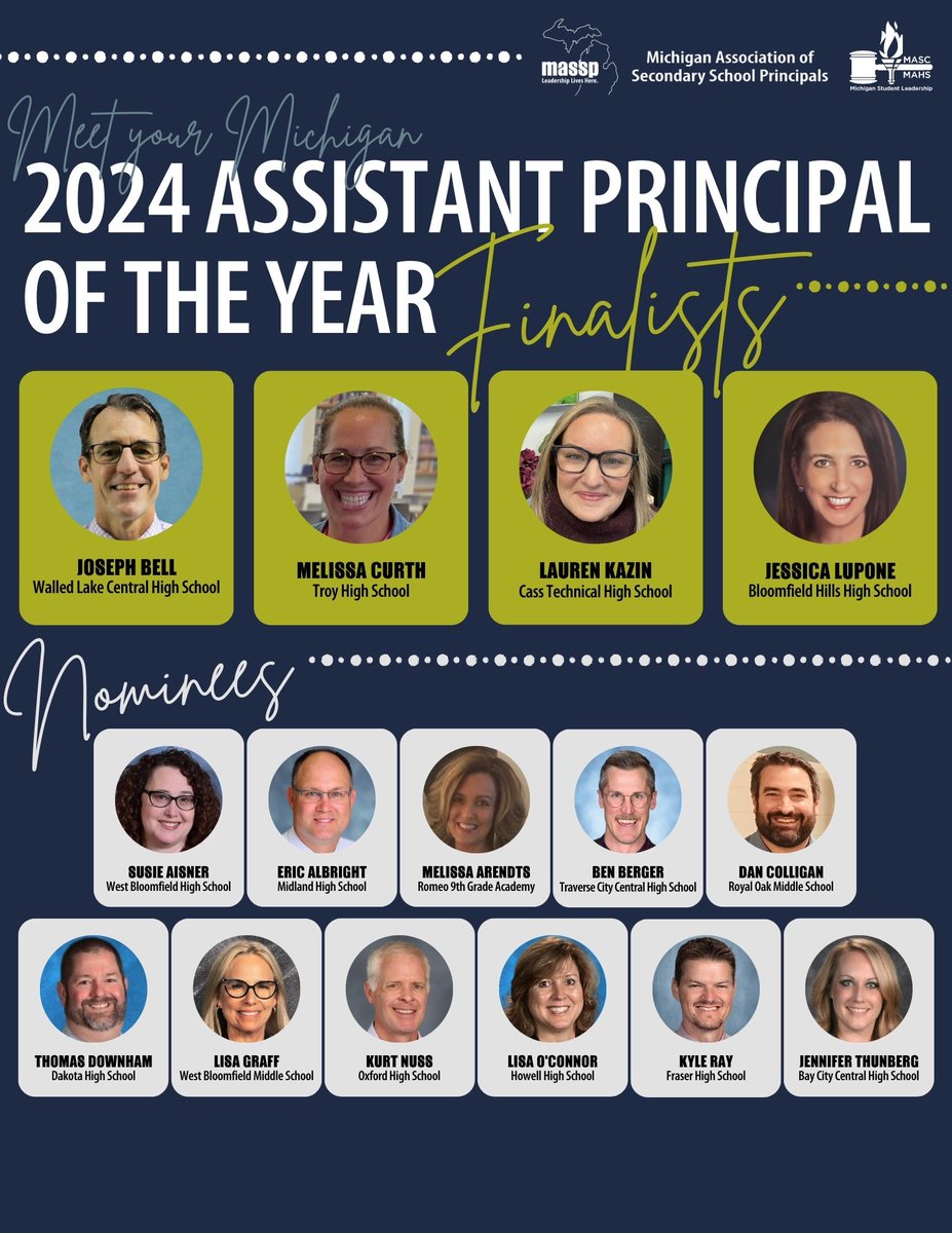 👏 Congratulations to the amazing Assistant Principals who were nominated and selected as finalists for the MASSP AP of the Year award! We can't wait to announce the winner this fall. Please join us in celebrating this incredible achievement! 🎉  [Winner Announcement Coming Soon]