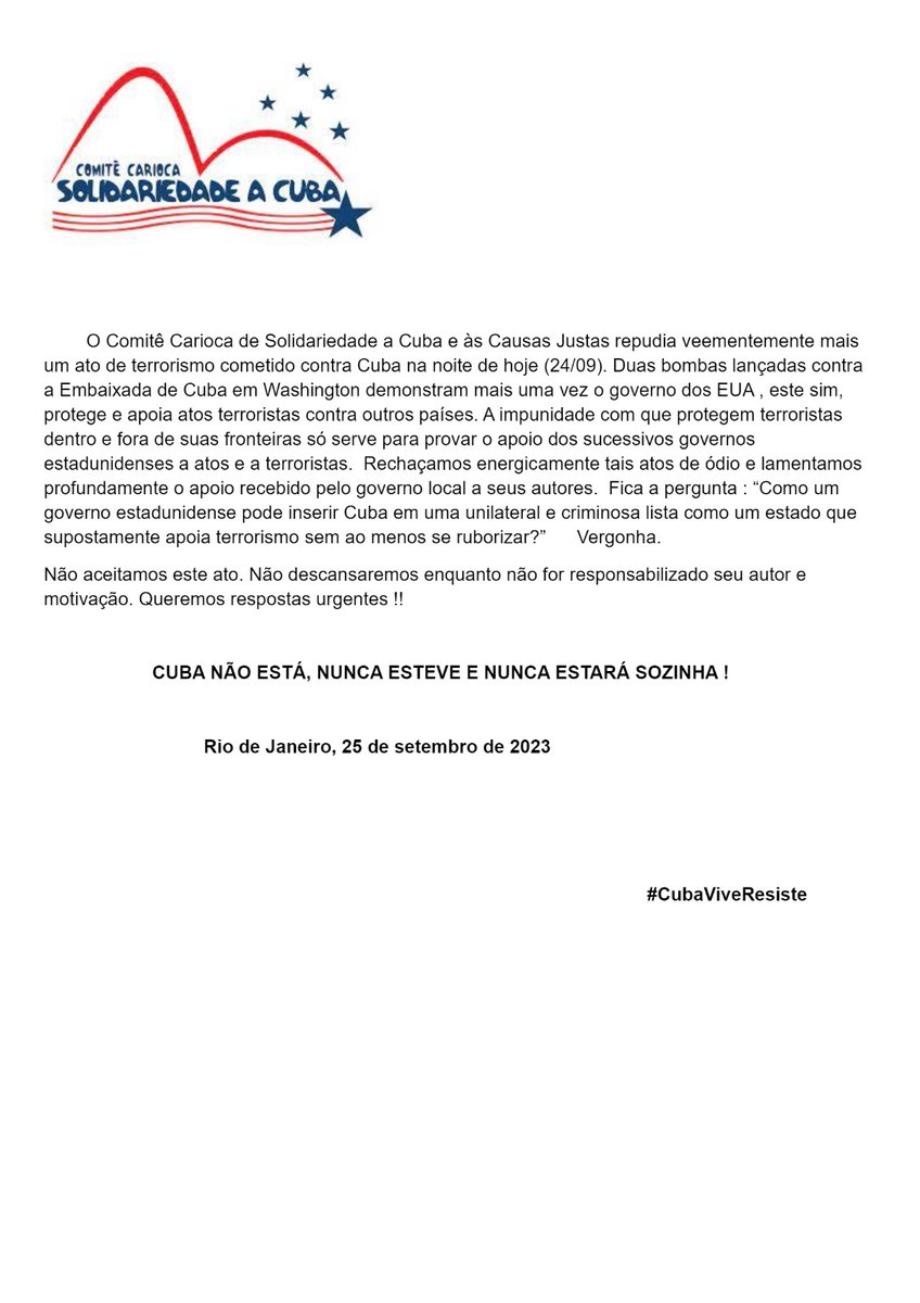 GobiernoCuba's tweet photo. #NoAlTerrorismo | 

🌎 🕊️ Hermanos, gracias por condenar el ataque terrorista contra la Embajada de #Cuba 🇨🇺 en EE UU.

🇧🇴| Presidente Luis Alberto Arce.

❤️| #PuentesDeAmor 

🇧🇷| Organizaciones brasileñas  de solidaridad con Cuba.

🇯🇲 | Asociación de Amistad Jamaica  - Cuba. https://t.co/bMWmGXWWnB