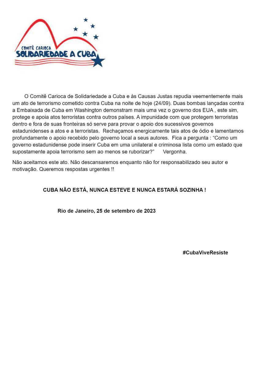 #NoAlTerrorismo | 

🌎 🕊️ Hermanos, gracias por condenar el ataque terrorista contra la Embajada de #Cuba 🇨🇺 en EE UU.

🇧🇴| Presidente Luis Alberto Arce.

❤️| #PuentesDeAmor 

🇧🇷| Organizaciones brasileñas  de solidaridad con Cuba.

🇯🇲 | Asociación de Amistad Jamaica  - Cuba.