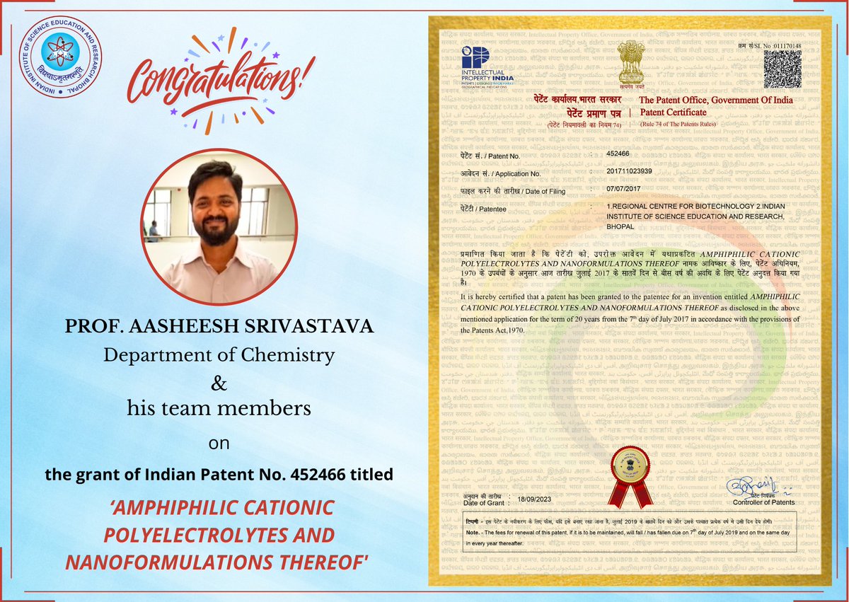Congratulations Prof Aasheesh Srivastava, Dept. of Chemistry, IISER Bhopal & team members from RCB for the grant of an Indian patent titled “AMPHIPHILIC CATIONIC POLYELECTROLYTES AND NANOFORMULATIONS THEREOF” with Patent No 452466
@EduMinOfIndia @ASLab_iiserb @unescorcb
@IndiaDST