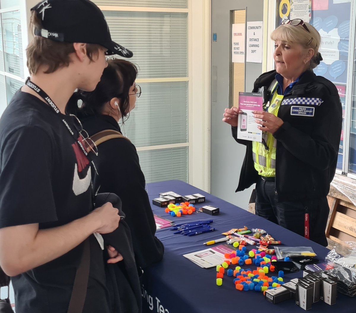 Officers visited Lichfield College on Friday to raise awareness of our work to tackle violence, abuse and intimidation of women and girls.

They offered safeguarding advice, promoted the <a href="/Hollie_Guard/">Hollie Guard</a> app and gave out prevention items.