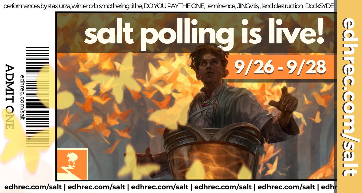 edhrec's tweet photo. 🧂It's back.🧂

Our annual salt polling has returned, at https://t.co/vYRXf9WtaI

Vote on how salty various cards make you feel. Your votes will help players who want to avoid those kinds of experiences, or for those groups who like their games extra salty. https://t.co/znGcycQjeZ