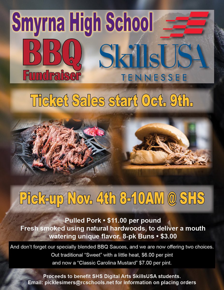 SHS-DigitalArts (@shs_digitalarts) on Twitter photo It’s that time again, support these young people in covering the cost of competition travel and expenses. Not to mention it’s pretty good BBQ and sauces. #onlyoneshs <a href="/SmyrnaBulldog/">Smyrna Bulldog</a> <a href="/SHS_CTE/">Smyrna High CTE</a> <a href="/RuCoCTE/">RuCo CTE</a> It’s that time again, support these young people in covering the cost of competition travel and expenses. Not to mention it’s pretty good BBQ and sauces. #onlyoneshs <a href="/SmyrnaBulldog/">Smyrna Bulldog</a> <a href="/SHS_CTE/">Smyrna High CTE</a> <a href="/RuCoCTE/">RuCo CTE</a>