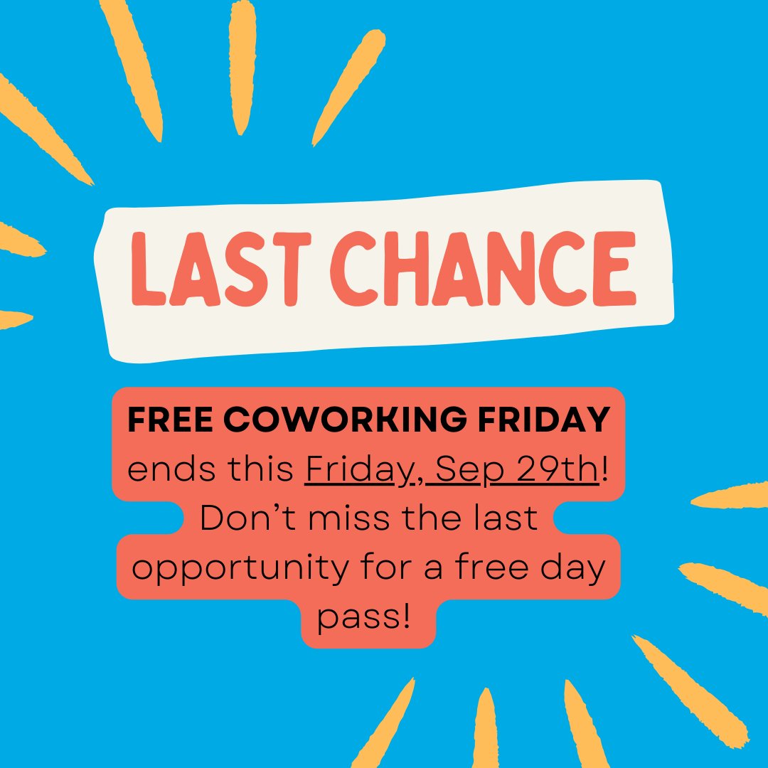 🚨 Final call for Free Co-Working Fridays! 🚨 Our last one for the summer is just around the corner on September 29th. Don't miss your chance to experience the Container Yard vibe for free one more time. Start your weekend on a productive note with us! #LastChance #CoworkingPerks
