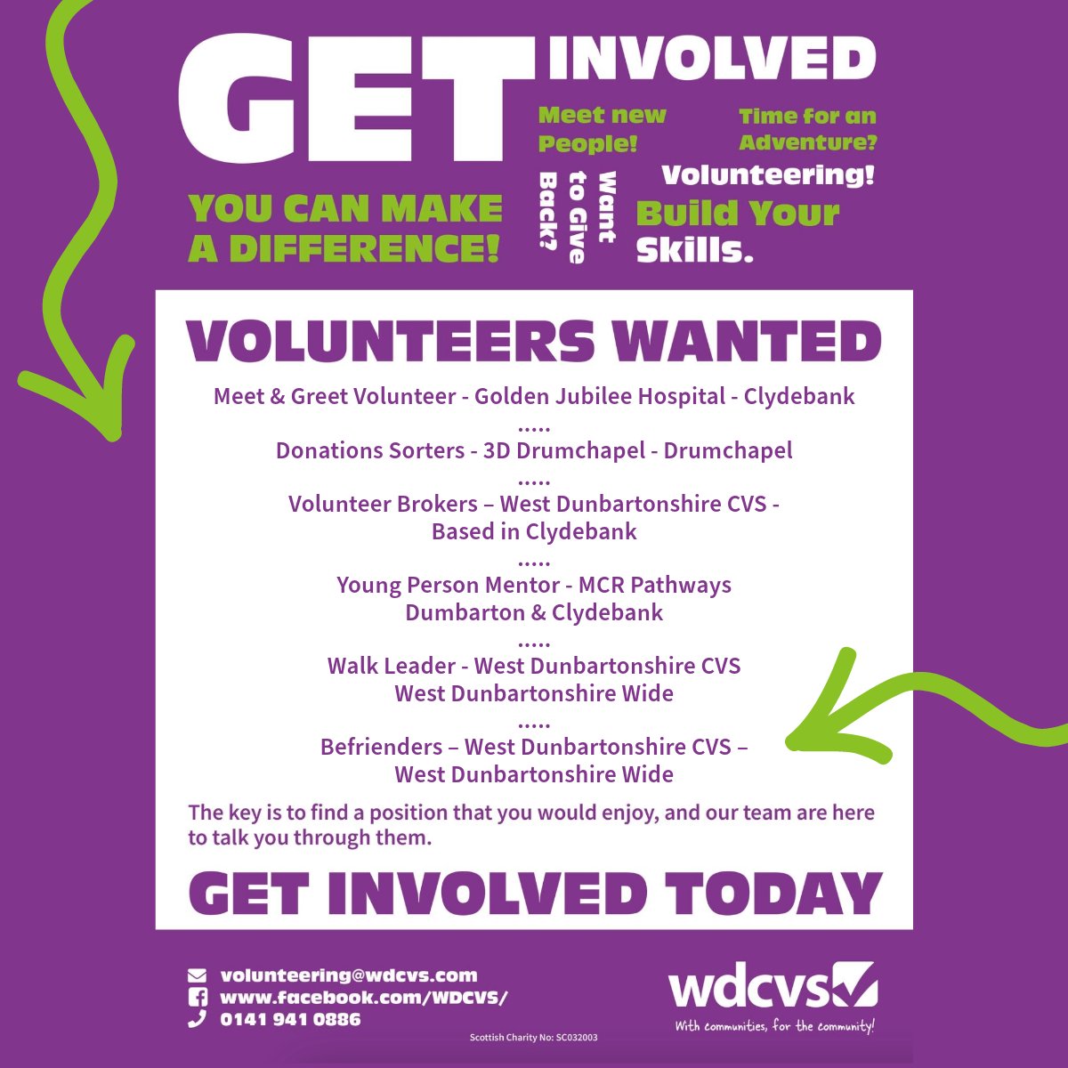 A small selection of #volunteer roles available locally, and we have a lot more to choose from.  

If you are interested in #volunteering or you would like to learn how you can #getinvolved.

Contact volunteering@wdcvs.com or call 0141 941 0886

#westdunbartonshire #opportunity