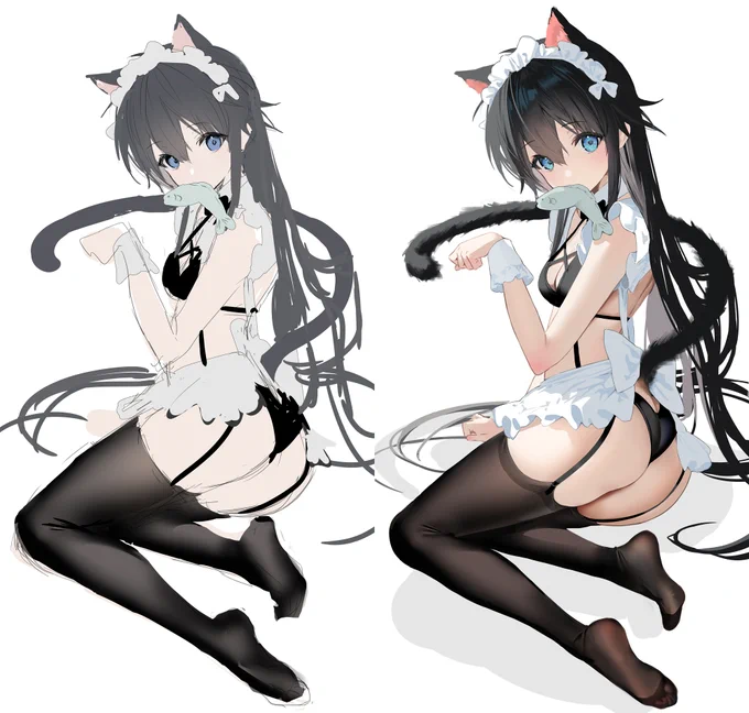 (女体化)ラフから直塗り初めてやったので並べてみたけど差異が出にくくていいかもしれない