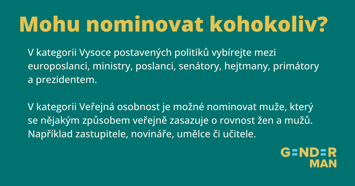 Otevrenka's tweet photo. Rychlé odpovědi na základní otázky k nominacím na GENDERMANA. 🤔

Zajímalo by vás ještě něco jiného? Neváhejte napsat svůj dotaz níže do komentářů. 👇

Nominujte své favority 👉  https://t.co/9zy9vM1lhR https://t.co/40fSB617fA