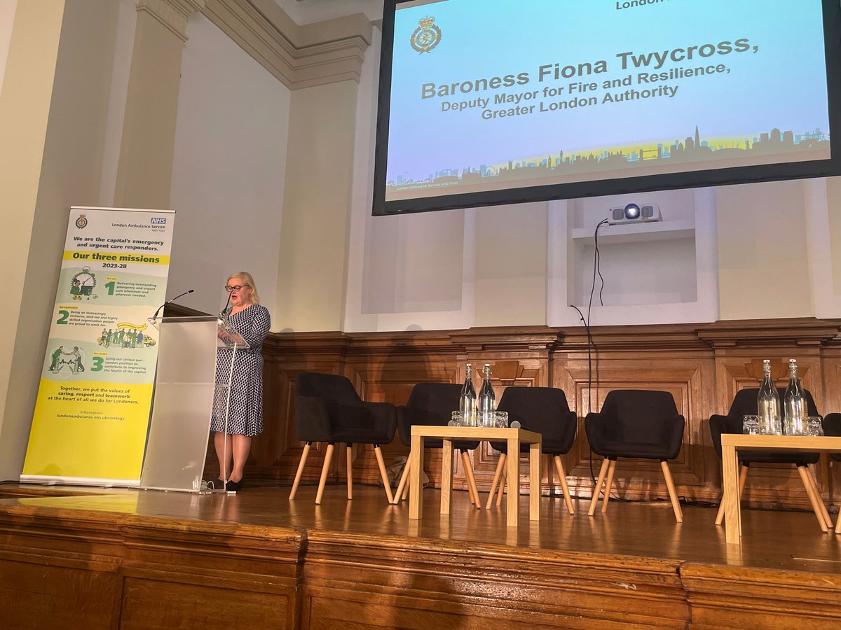 Ldn_Ambulance's tweet photo. London's Deputy Mayor for Fire and Resilience Baroness @FionaTwycross welcomes the ambition of our new Strategy at today's launch event. 

"I look forward to continuing to work together and assist in your mission to deliver excellent care for all Londoners." https://t.co/SI8NLYbhGK