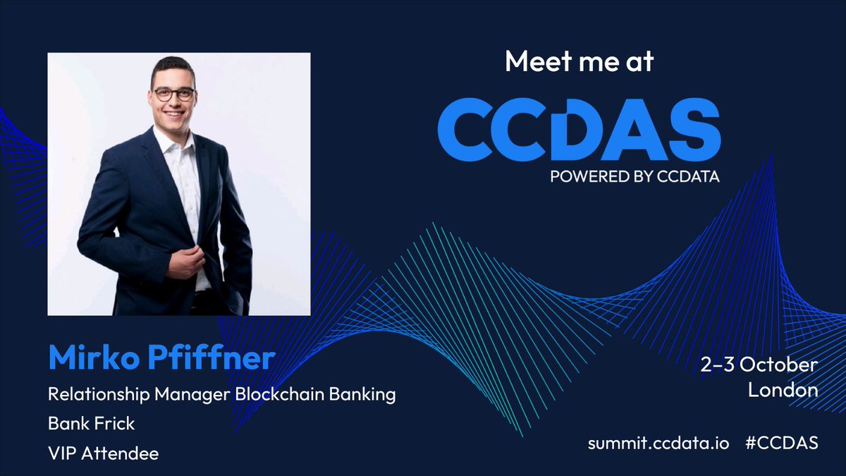 On October 2nd and 3rd, our Relationship Manager Blockchain Banking Mirko Pfiffner and Senior Relationship Manager UK Branch Simon Holland will be at the CCDAS event in #London 🇬🇧

Find more information here: ccdata.io