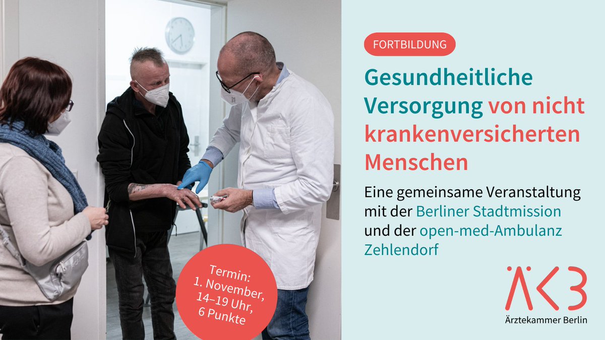 Sie sind Ärztin oder Arzt und wollen nicht krankenversicherten Menschen helfen? Dann kommen Sie zu unserer Fortbildungsveranstaltung am 01.11.2023 in der Ärztekammer Berlin. Infos und Anmeldung: ow.ly/2KyC50PPAx0. #berlinerstadtmission #Obdachlosigkeit @aerztederwelt