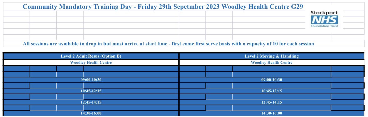 Please note venue change! 
Calling all Community staff please come to Woodley Health Centre this Friday (29/9/23) for your mandatory training. <a href="/JoMartin007/">#hellomynameisJo</a> @jimrawcliffe <a href="/stockportskills/">Clinicalskills@stockport</a> <a href="/tayascan89/">Taya ♥</a> <a href="/ClaireCrane123/">Claire Crane</a>
