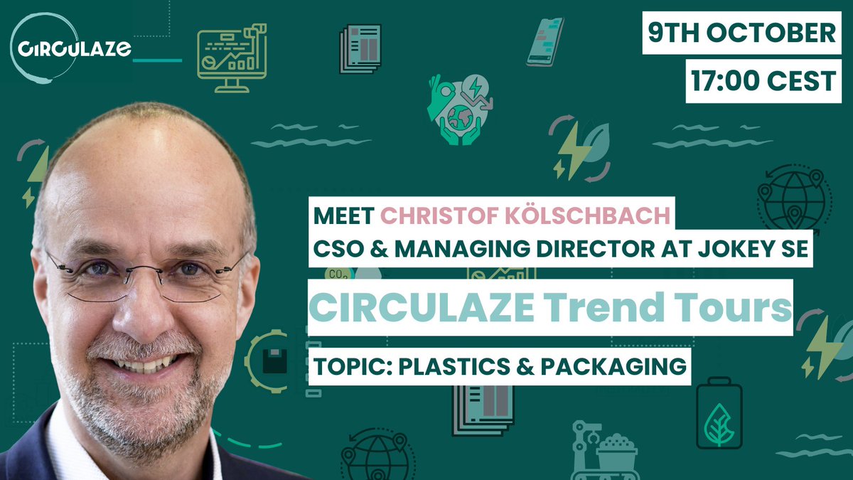 On Monday, October 9th, we are diving into the topic of Plastics &amp; Packaging in our CIRCULAZE Virtual Trend Tour series. 

To kick off the event is our keynote, Christoph Kölschbach, CSO &amp; Managing Director at Jokey SE ✨

us02web.zoom.us/webinar/regist…  

#circulaze #circulareconomy