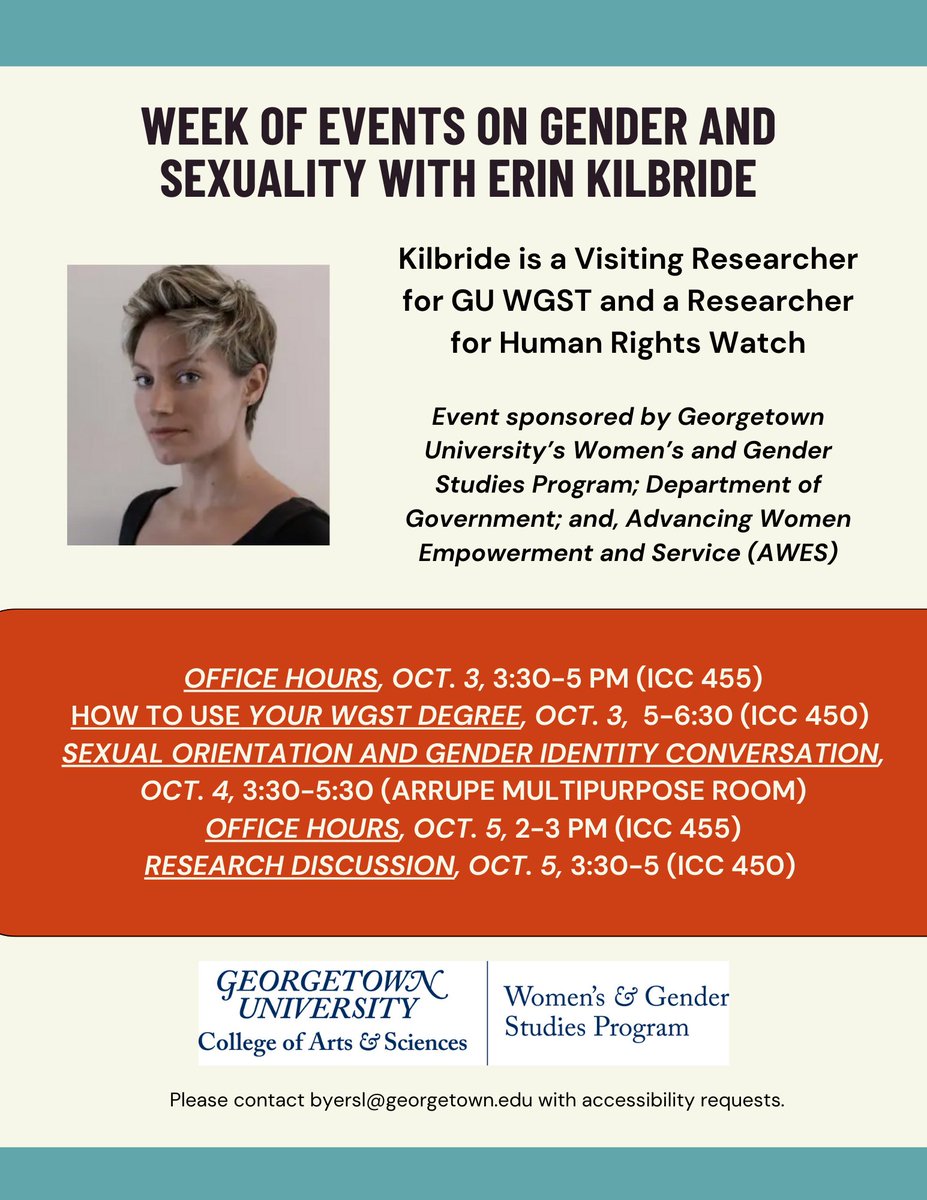 The Women's and Gender Studies Department will be hosting events and office hours with visiting speaker Erin Kilbride next week on sexual orientation and gender identity
wgsp.georgetown.edu