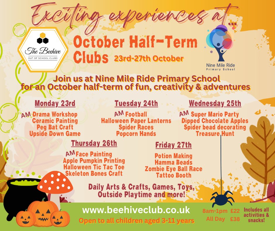 Here with your end-of-week reminder to book The Beehive #October #HalfTerm #HolidayClub !!
Join us @CrownWoodPS Hatch Ride Primary School, or @nmrprimary  for a week of fun, creativity & adventures!
For more information, to register and book, please visit: beehiveclub.co.uk/holidayclubs