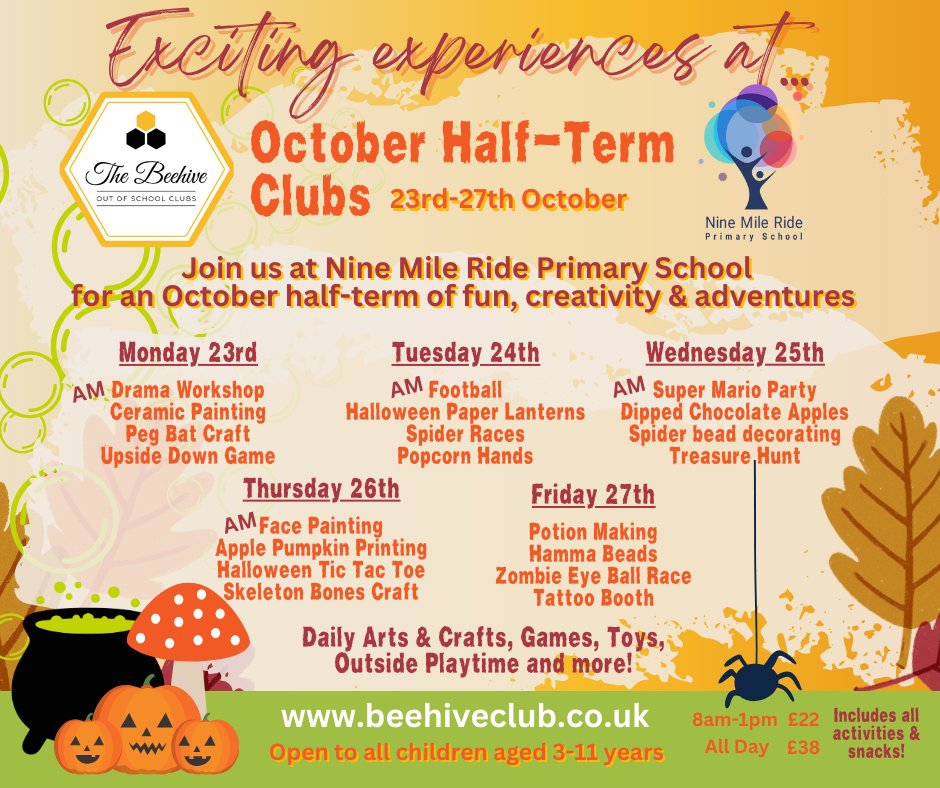 Here with your end-of-week reminder to book The Beehive #October #HalfTerm #HolidayClub !! Join us @CrownWoodPS Hatch Ride Primary School, or @nmrprimary for a week of fun, creativity & adventures! For more information, to register and book, please visit: beehiveclub.co.uk/holidayclubs