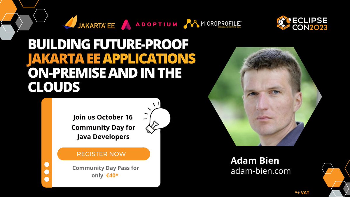 JakartaEE's tweet image. Discover the power of #JakartaEE with @AdamBien at the Community Day for #JavaDevs during #EclipseCon2023! Register now to learn and thrive. hubs.la/Q021WpCq0