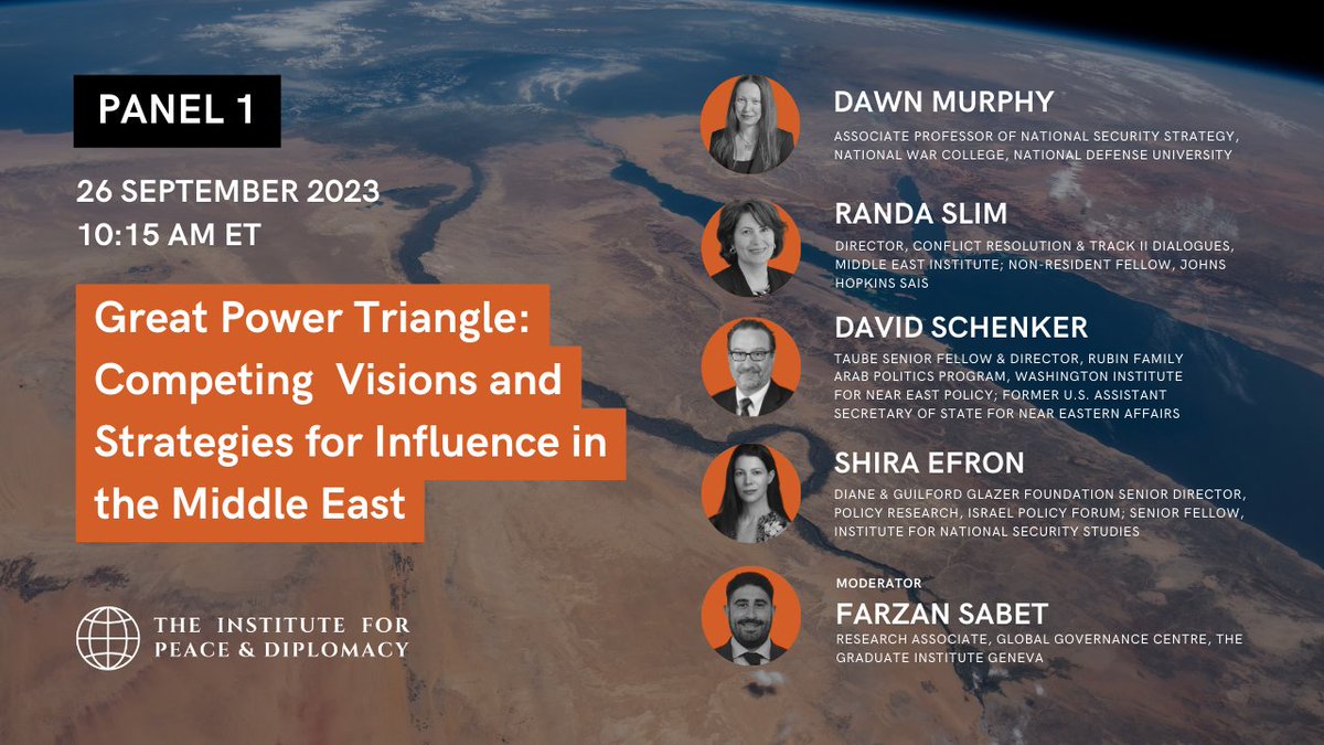 🔔 Starting now at #MESF2023! 

Panel 1 — Great Power Triangle: Competing Visions and Strategies for Influence in the Middle East

Featuring panelists @DawnMurphyChina (@NDU_EDU), @rmslim (@MiddleEastInst), @davidschenker1 (@WashInstitute) and moderator @IranWonk (@GVAGrad)