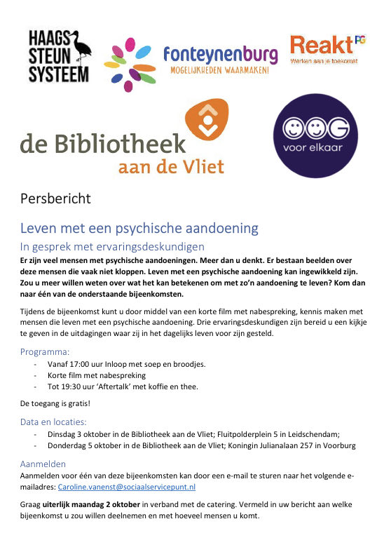 Wil je meer weten over hoe het kan zijn om met een psychische aandoening te leven? Kom dan naar één van de bijeenkomsten in Bibliotheek aan de Vliet. Iedereen is welkom! Aanmelden kan door mij een e-mail of dm te sturen. Caroline.vanenst@sociaalservicepunt.nl