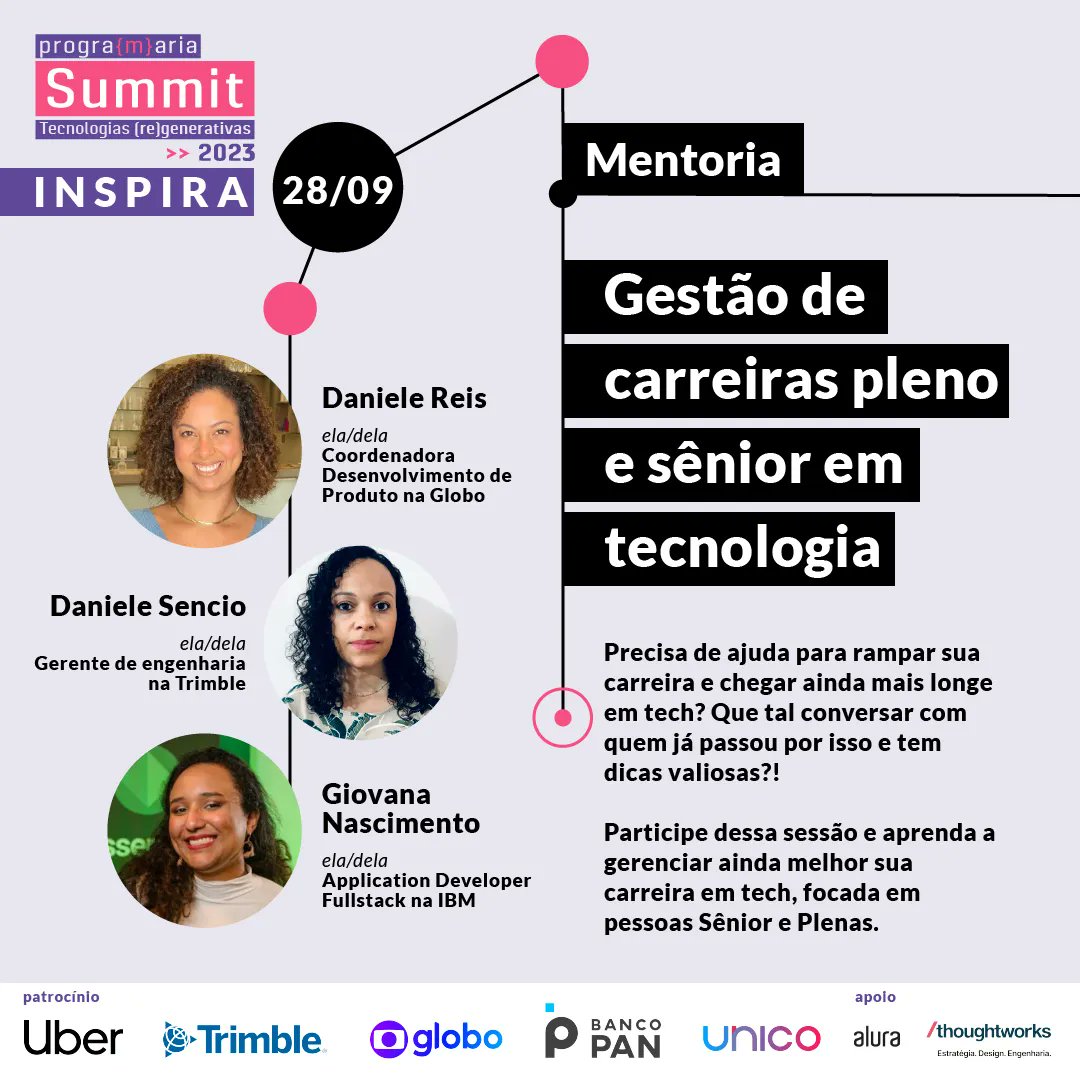 programaria's tweet image. Arrasta para o lado e saiba quais temas de mentorias te aguardam no próximo dia de #PrograMariaSummit2023 🖥️ Todas as mentorias e palestras do dia 28/09 #INSPIRA são totalmente on-line, não teremos atividades presenciais neste dia.