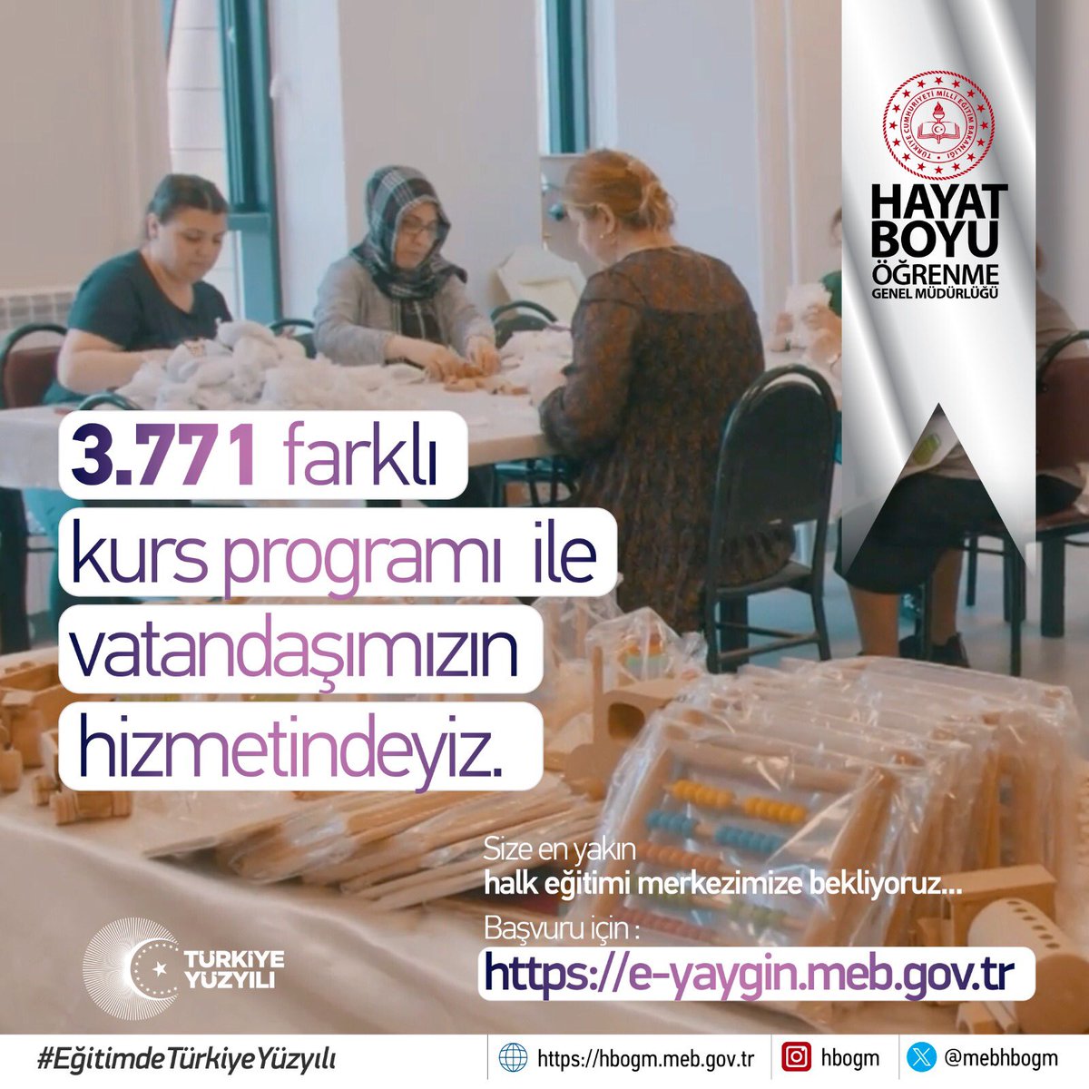 Hayat Boyu Öğrenme Genel Müdürlüğü olarak 2.608 mesleki ve teknik, 1.163 genel kurs olmak üzere toplam 3.771 kursla vatandaşlarımızın yanındayız.
e-yaygin.meb.gov.tr
Size en yakın halk eğitimi merkezimize bekliyoruz. 
#HayatBoyuYanınızdayız

<a href="/tcmeb/">Millî Eğitim Bakanlığı</a>
<a href="/Yusuf__Tekin/">Yusuf Tekin</a>
<a href="/cengizmete/">Cengiz Mete</a>