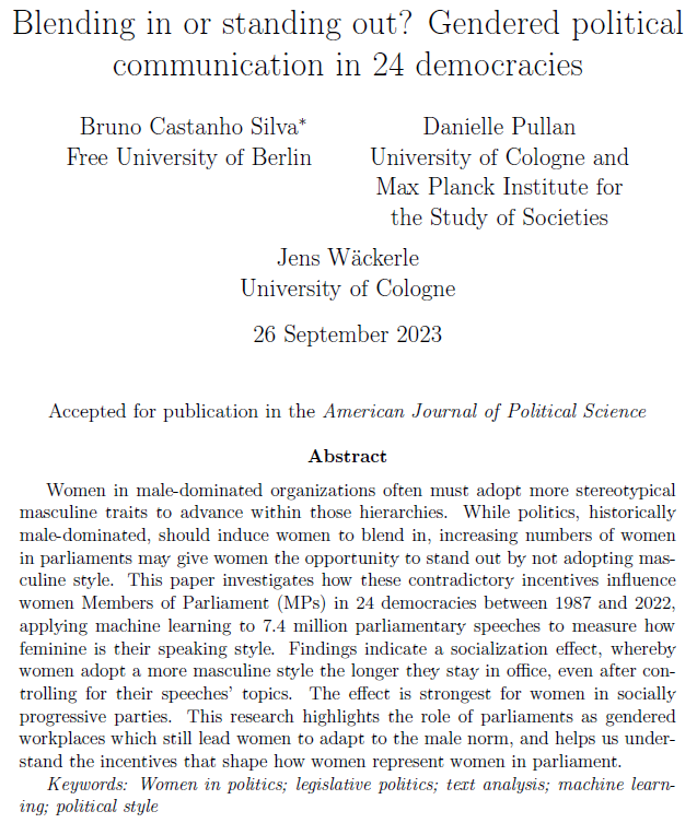 Excited to share that our (<a href="/b_castanho/">Bruno Castanho Silva (@bcastanho.bsky.social)</a> &amp; @Jwaeckerle) paper will be out soon in <a href="/AJPS_Editor/">AJPS</a>! We investigate how women MPs adapt to their environment, finding that over time women speak in more masculine ways, particularly women in progressive parties. s.gwdg.de/ecTNEN 1/4