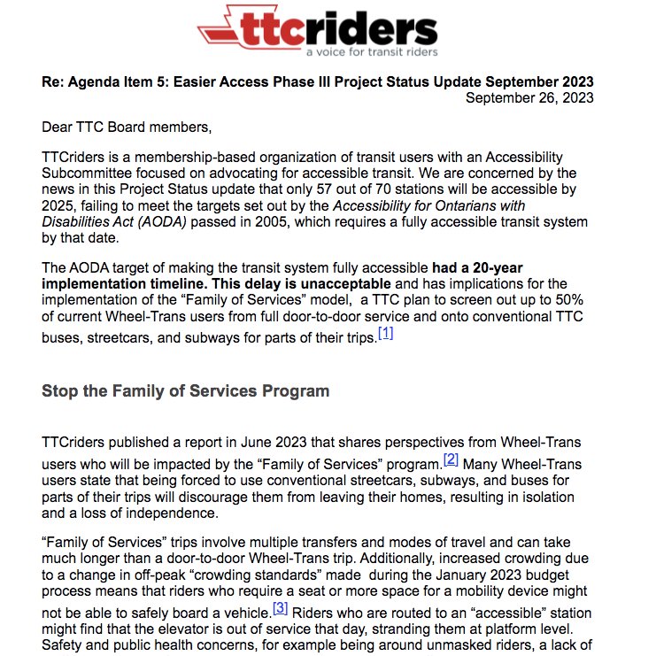 ttcriders's tweet photo. TTCriders, GTA Disability Coalition, & @CIL_Toronto wrote a letter to the #TTC Board about delays to all subway stations being accessible by 2025, the need for accessible, parallel bus service along subway lines, & why "Family of Services" must be paused.
https://t.co/R4tUQOPAcO https://t.co/sYWmq2vCkD