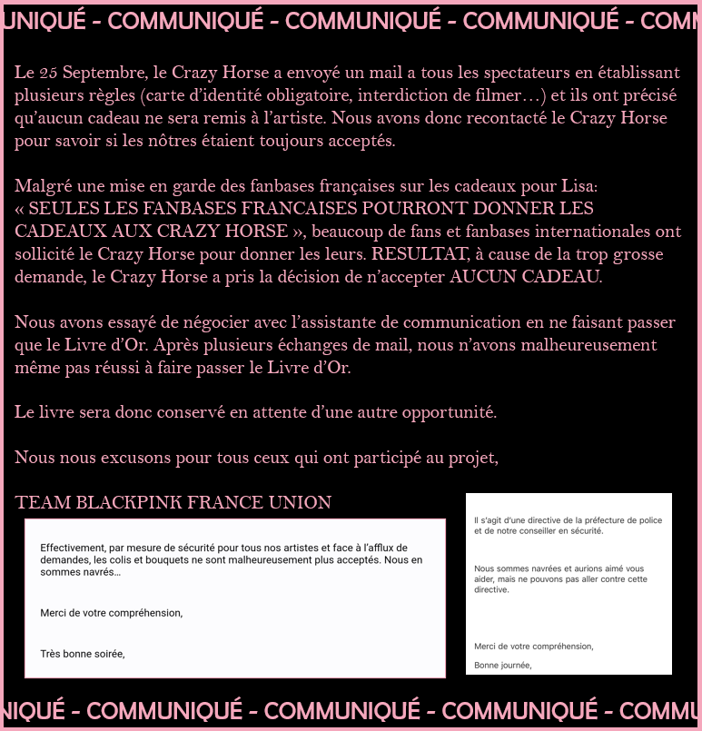 [COMMUNIQUÉ DES FANBASES FRANÇAISES]

Merci de bien vouloir lire ce communiqué concernant les cadeaux destinés à #LISA pour ses performances au Crazy Horse.

Merci de votre comprehension.
#BLACKPINK