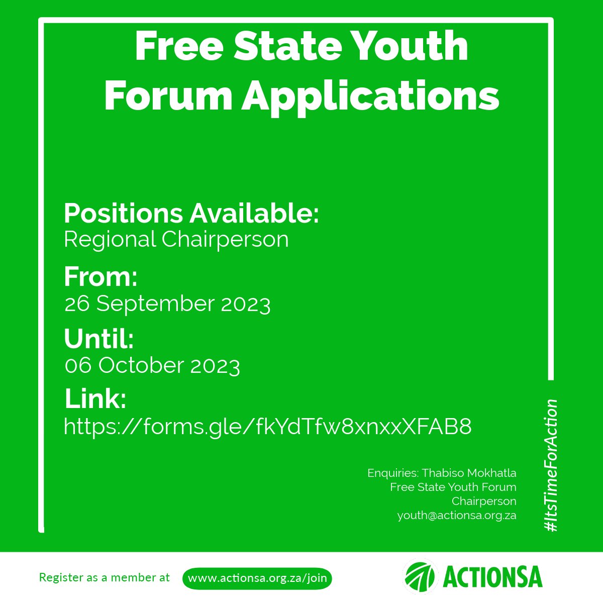 ActionSA_Youth's tweet photo. Applications for the Free State Youth Forum Regional Chairpersons are officially open 💚

https://t.co/8Y8fiy44D2

@Action4SA @HermanMashaba @MokhatlaTj https://t.co/yGtY09E1AM