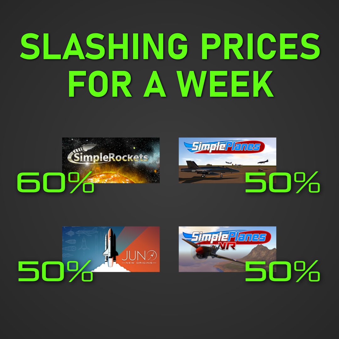 Our games are on sale this week on Steam!

These discounts apply on top of the Aerospace Engineer bundle, so you can get SimplePlanes and Juno  with an extra 15% discount.

store.steampowered.com/bundle/9556/Ae…