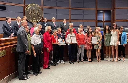 This morning the Board of Supervisors joined me to honor the many outstanding achievements by the @southlakeshs Girls Track & Field Team. It was a great moment when they joined some older female athletes-NOVA United Sr. Women’s Basketball Assoc.! #HunterMill