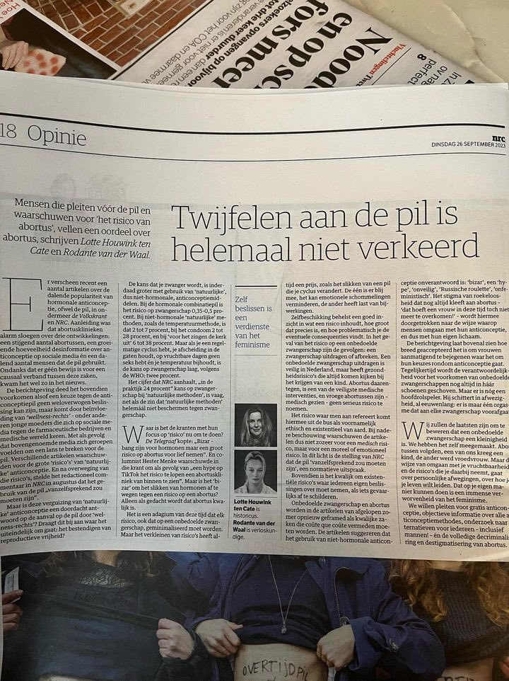 RodantevdWaal's tweet image. Voor #wereldanticonceptue dag over anticonceptie, abortus en #reproductivefreedom met Lotte Houwink ten Cate in NRC. Onze stelling: iedereen mag zelf beslissen wat voor anticonceptiemethode die wil gebruiken, óók als die methode minder goed beschermt tegen zwangerschap dan de pil