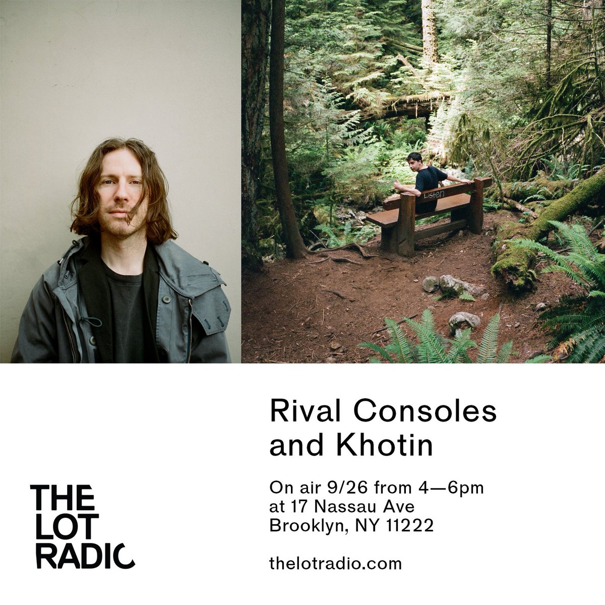 Having just arrived in Brooklyn, @RivalConsoles will be on @TheLotRadio with Khotin (@dylankf) ahead of tomorrow’s tour start at the @MusicHallofWB — come down to 17 Nassau Avenue or tune in live from 4pm here: thelotradio.com
