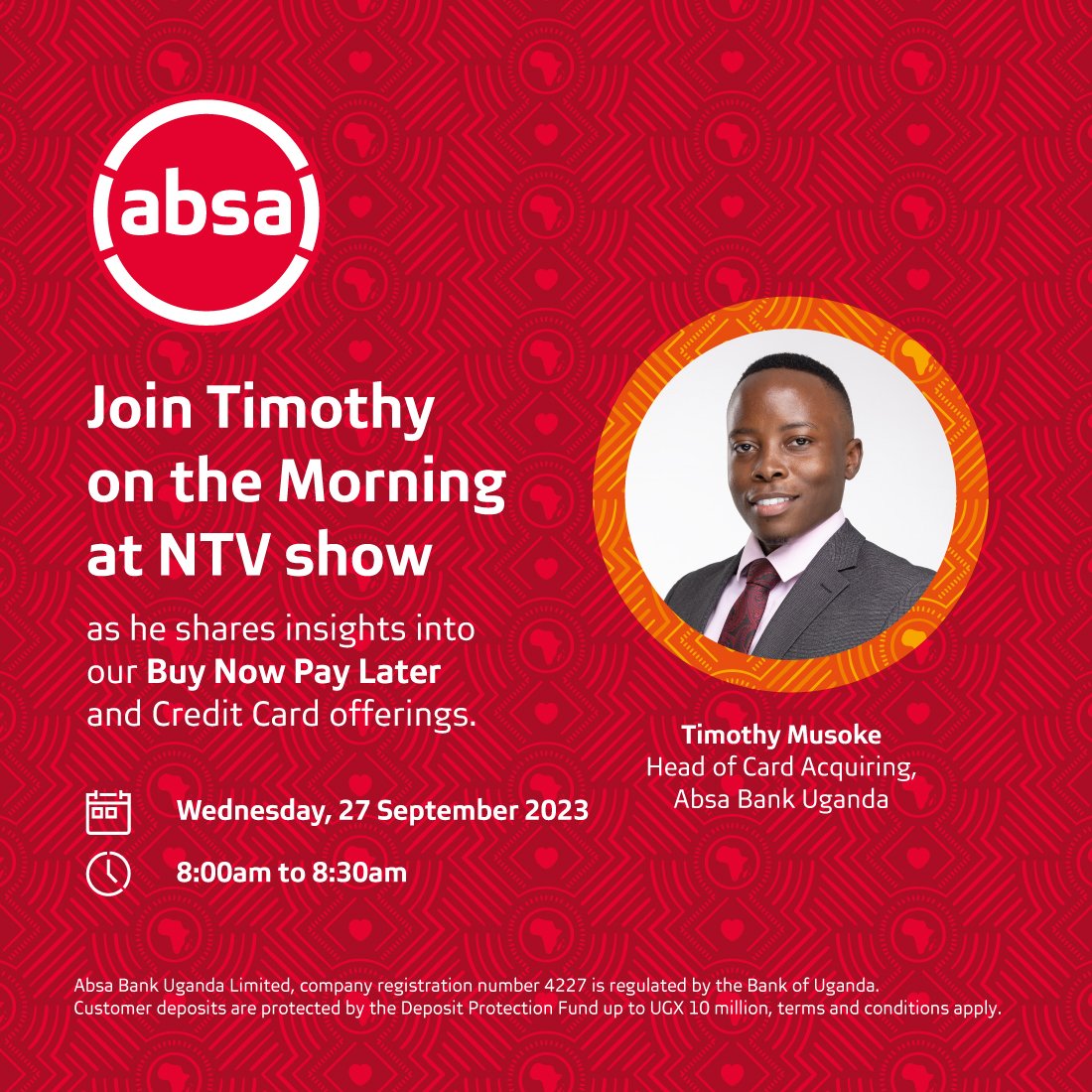 AbsaUganda's tweet photo. Tune in to @morningatntv tomorrow at 8:00am and join our Head of Card Acquiring,Timothy Musoke as he shares valuable insight into Buy Now Pay Later and Credit Card offerings.
#BuyNowPayLater https://t.co/1QacgRQWe1