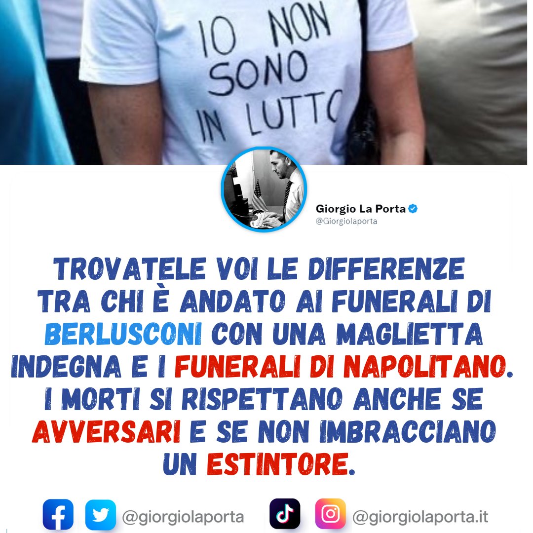 Trovatele voi le differenze tra chi è andato ai #FuneralidiStato di #Berlusconi con una maglietta indegna con scritto #IoNONsonoinLutto e i #FuneraliNapolitano.
I morti si rispettano anche se avversari e se non imbracciano un estintore.
#Napolitano #26settembre