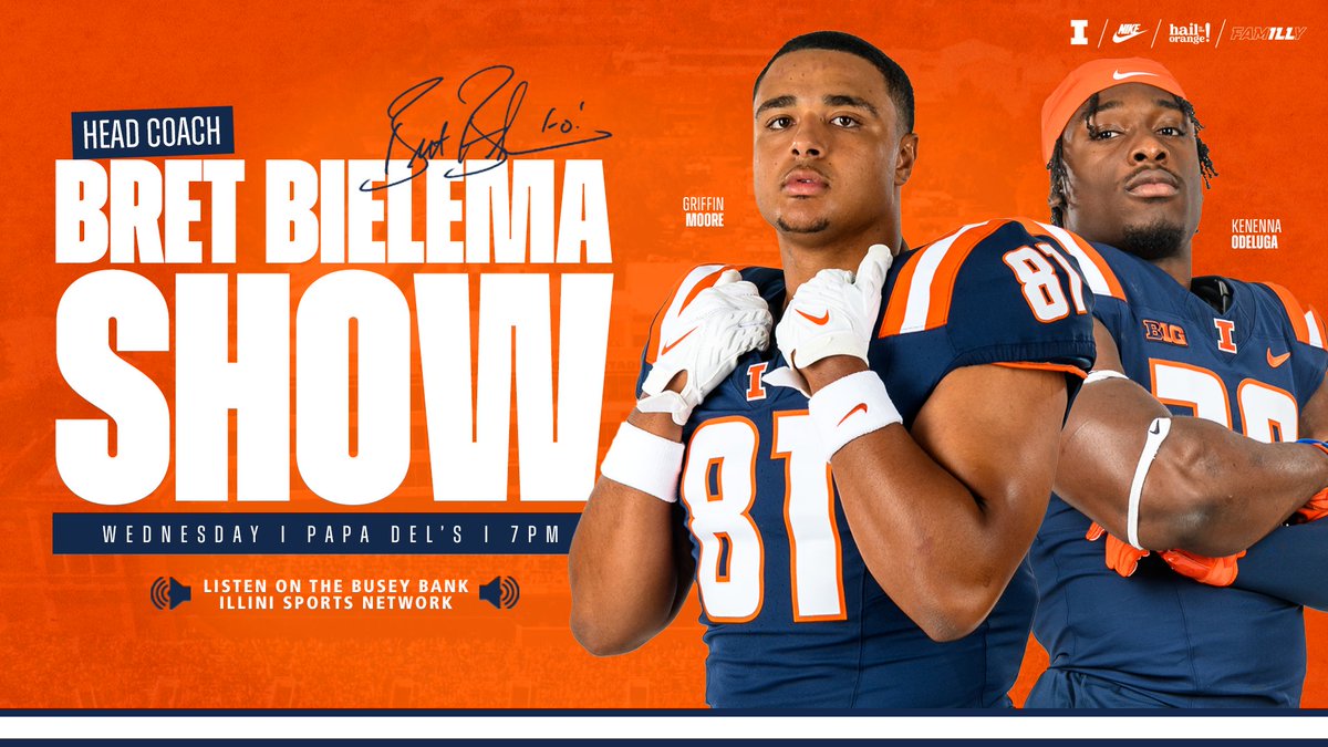 Illini tight end and proud Bloomington High grad Griffin Moore will be one of the guests on Wednesday's Bret Bielema Show!  Listen Wednesday 7 pm on the Illini sports network including Peoria sports radio 101.1.