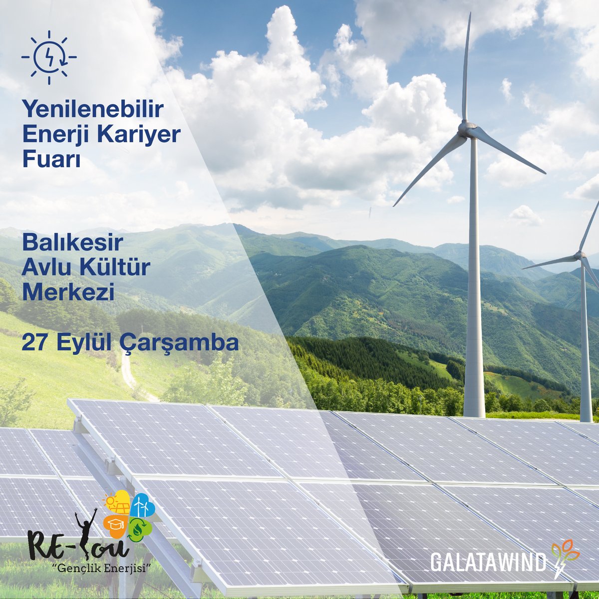 galatawind's tweet photo. Türkiye ve Avrupa Birliği ortak projesi RE-You kapsamında Yenilenebilir Enerji Kariyer Fuarı’ndaki standımıza tüm öğrencileri ve mezunları bekliyoruz!
#GalataWind #GWind #Reyouproject #rüzgarenerjisi #güneşenerjisi https://t.co/dqVAE6BIIP