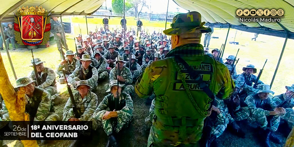 Mi felicitación al <a href="/CEOFANBVE/">CEOFANB</a> que llega a 18 años de su fundación, defendiendo nuestra integridad territorial y garantizando la Paz y seguridad nacional con conciencia y disciplina, guiado por los valores y principios de la nueva doctrina militar bolivariana.