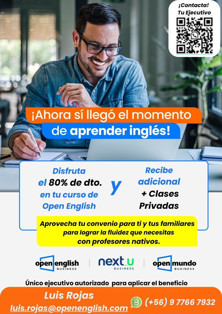 supervisoressqm's tweet photo. Aprender inglés está a solo un clic! Tenemos vigente este convenio con @openenglish, para validar el descuento contáctate con nuestro ejecutivo Luis Rojas al +56 9 77667932 o al correo luis.rojas@openenglish.com https://t.co/QHf1gzSBpd