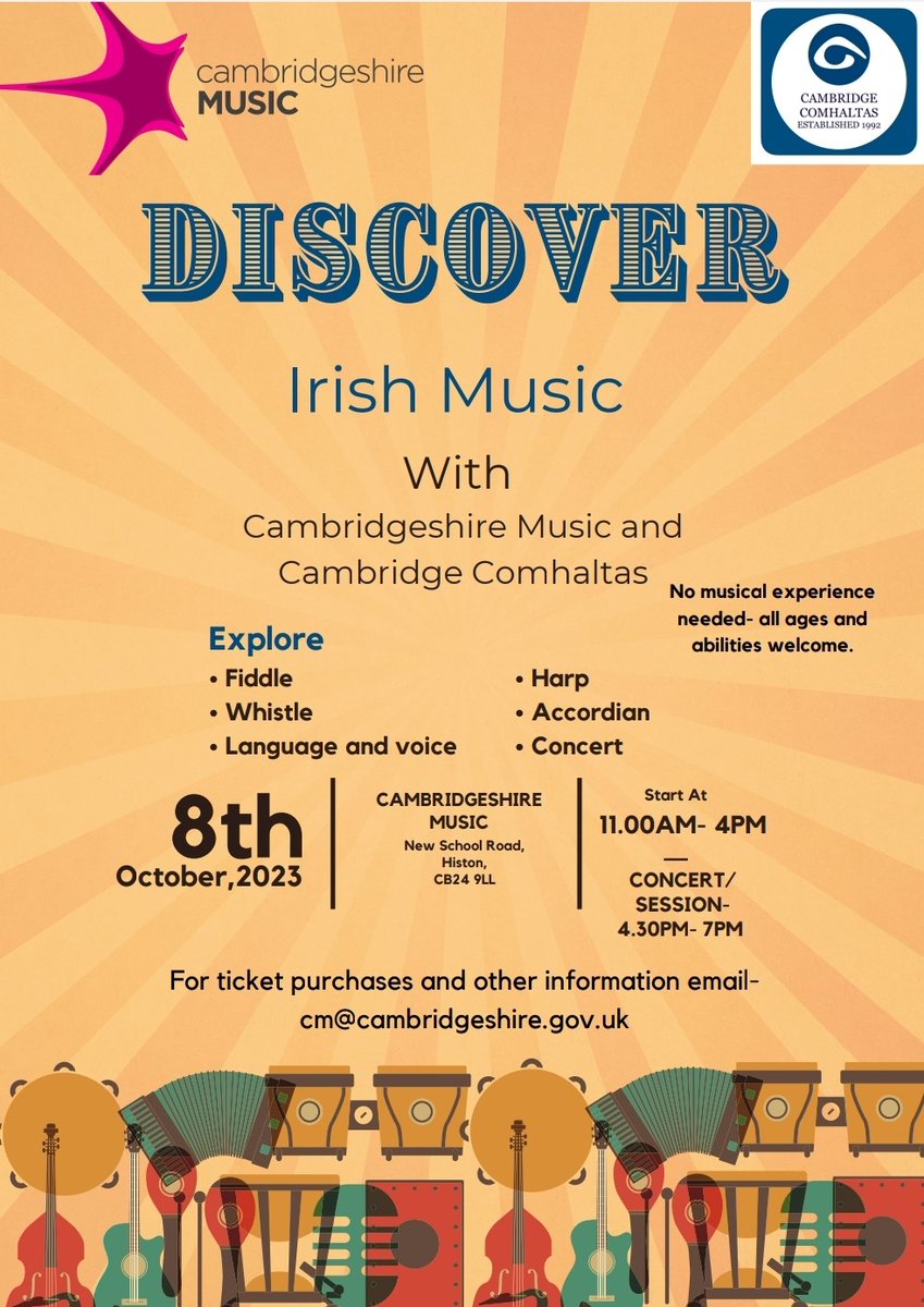 CambsMusic's tweet photo. Don’t miss out on this amazing opportunity to discover Irish Folk Music with Cambridge Comhaltas at our base in Histon!
Only two weeks to go!! 
All welcome! Why not bring the whole family along?

For more details email cm@cambridgeshire.gov.uk https://t.co/CPi0vMQTDw