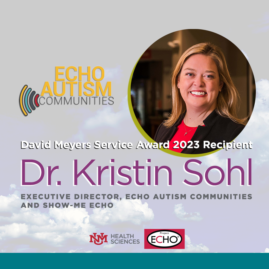 ProjectECHO's tweet photo. Announced at #MetaECHO2023: Kristin Sohl named 2023 recipient of the David Meyers Service Award! Kristin launched @ECHOAutism in Missouri, and it is now a unique global ECHO community changing not only people’s lives but their life trajectories. Thank you for all you do, Kristin! https://t.co/am40daSWkj