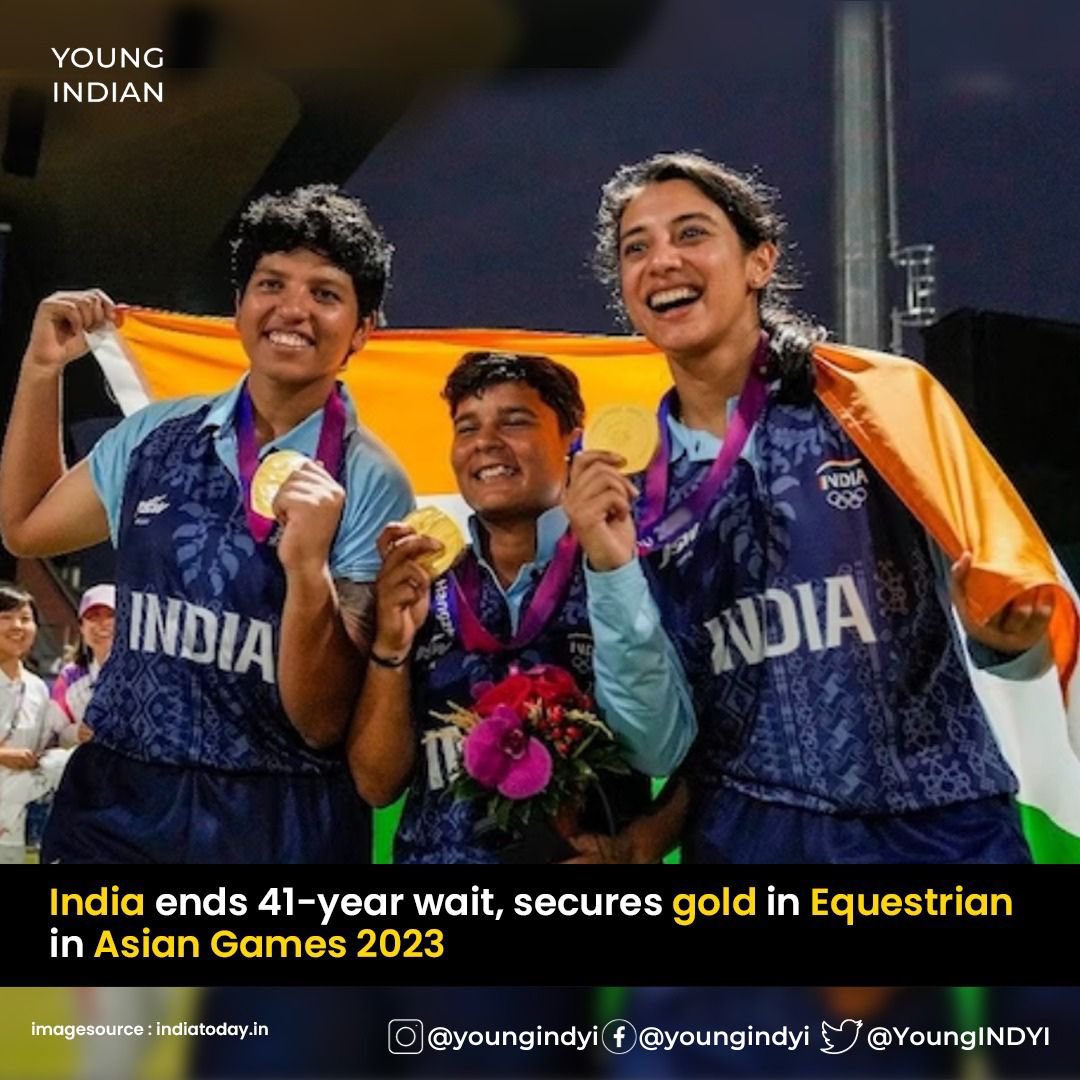 YoungINDYI's tweet photo. Heartiest congratulations to Divyakriti Singh, Hriday Chheda,Anush Agarwalla and Sudipti Hajela. Your historic gold medal win in Equestrian at the #AsianGames has filled us with immense pride! #AsianGames2023 #Equestrian #GoldMedal #India #HistoryCreated #IncredibleIndians https://t.co/xQ0WbLanSX