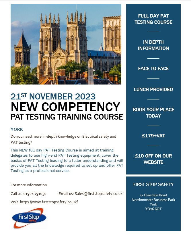 NEW Full Day Competency PAT testing course here in York! 

21st November. Contact us for more information!