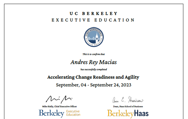 I´m delighted to share that I´ve completed the Accelerating Change Readiness And Agility de UC Berkeley Executive Education! Big thanks #Nutanix for this opp. #LifeatNutanix