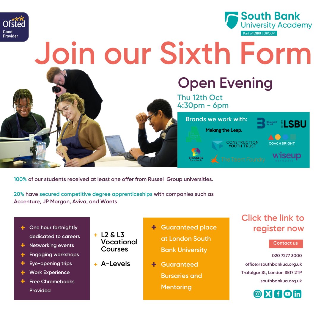 Discover your future here at South Bank UA Sixth Form. Come and visit us on our Sixth Form Open Evening on 12th October between 4.30pm - 6pm. Click the link below to register eventbrite.co.uk/e/south-bank-u…