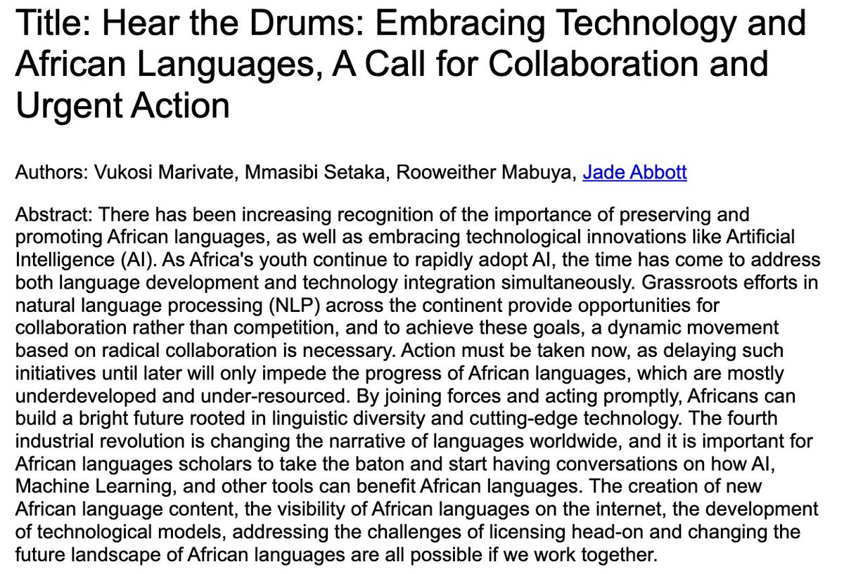 vukosi's tweet photo. Read: Abstract that got us the invitation for the Keynote.
Title - Hear the Drums: Embracing Technology and African Languages, A Call for Collaboration and Urgent Action
It is available in English, isiZulu for now.
Add your translation https://t.co/BYLOwMlaK2
#ALASA #ALASA23 https://t.co/pqn3a7fEM1
